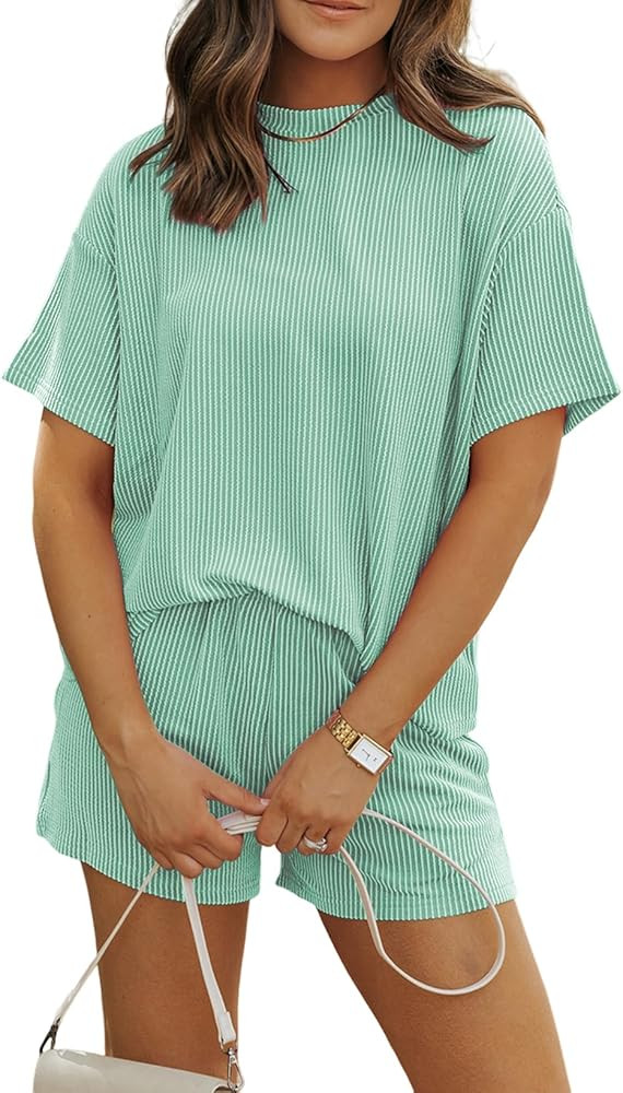 MARZXIN Women 2 Piece Shorts Set 2026 Casual Summer Cruise Outfits Ribbed Loose Short Sleeve Pock... | Amazon (US)