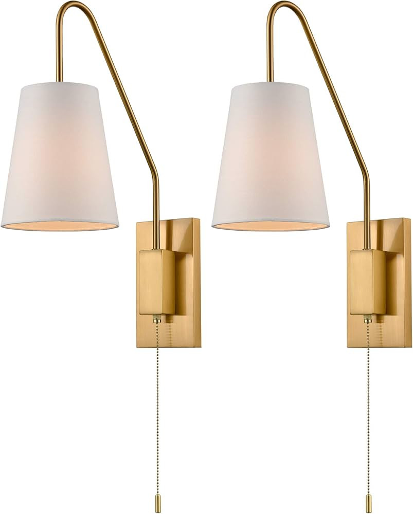 JEENKAE Modern Plated Brass Wall Sconces Fabric Shade Plug-in Bedroom Wall Lamp Set of Two | Amazon (US)