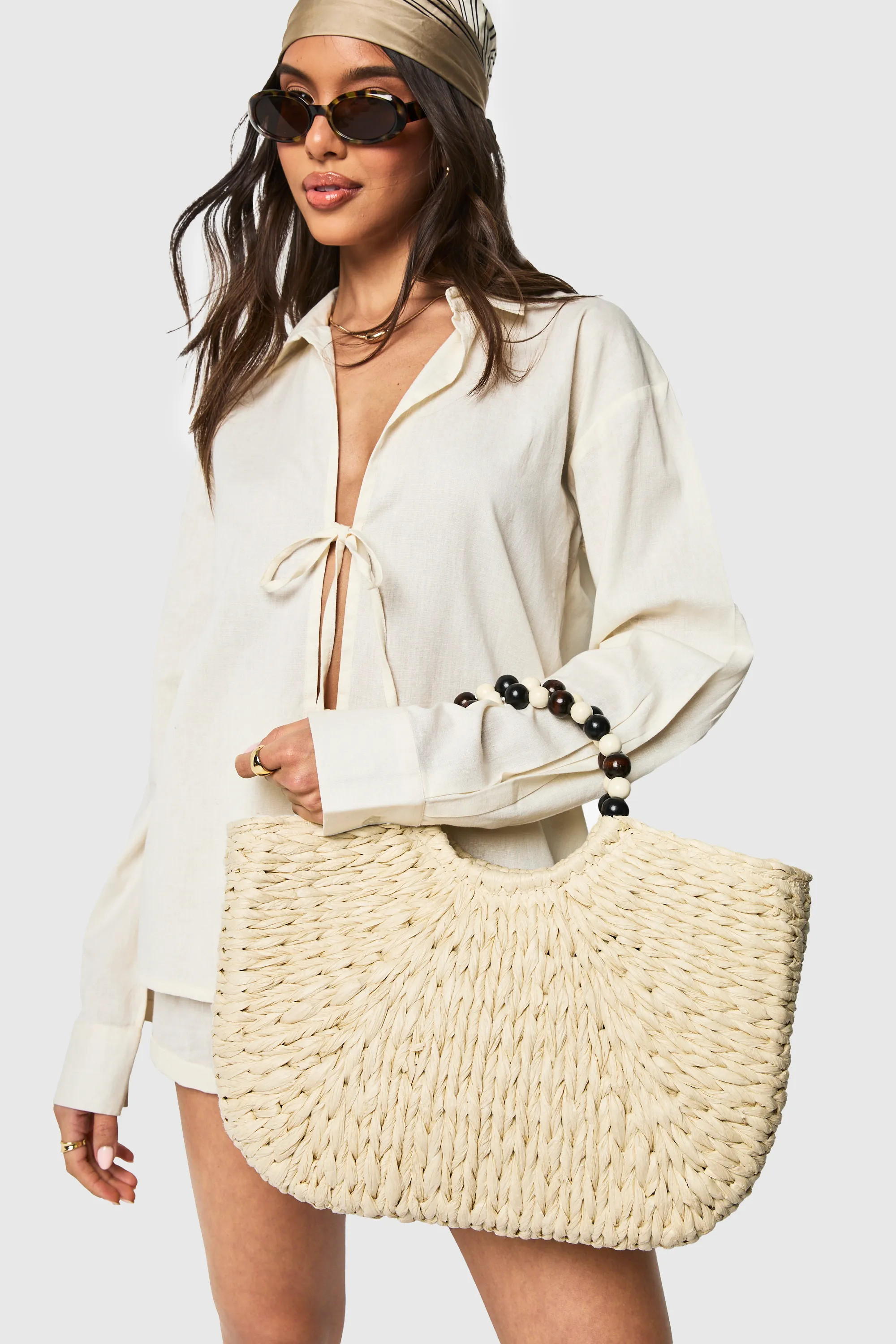 Beaded Handle Raffia Grab Bag | Boohoo.com (UK & IE)