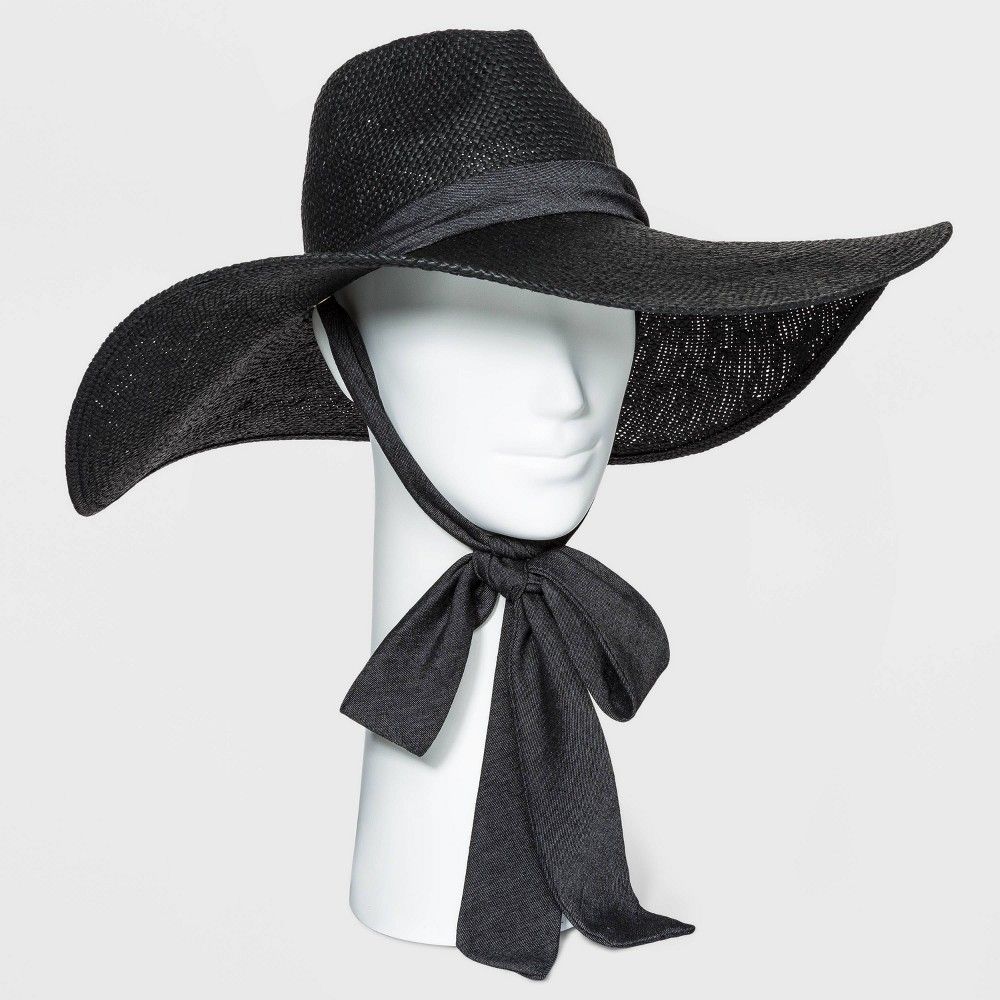 Women's Wide Brim Straw Fedora Hat with Ties - A New Day Black | Target