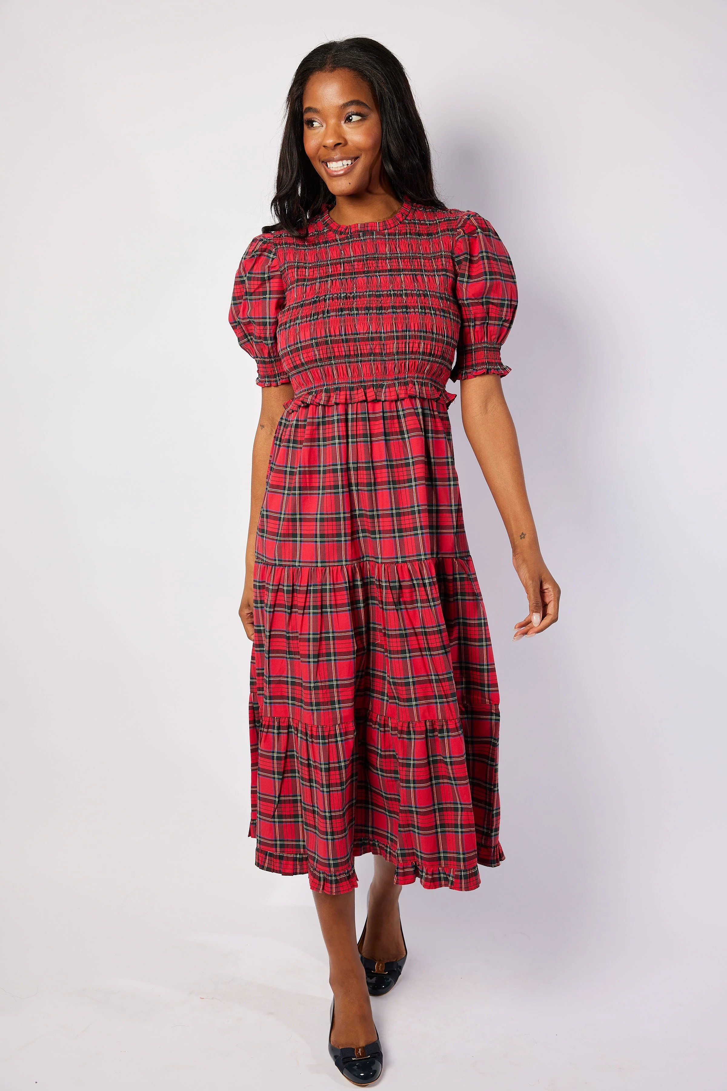 Red Plaid Puff Sleeve Smocked Midi Dress | Sail to Sable