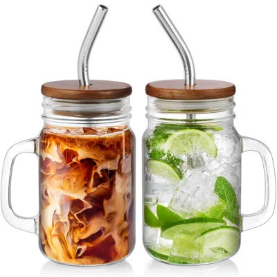 Mason Jar Cups With Handle,16 Oz Glass Coffee Mugs With Straws And Acacia Lids & Airtight Lids, Drinking Glass Cups, Glass Cup For Iced Coffee, Smooth | Wayfair North America