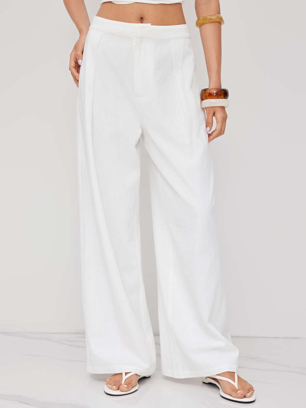 Linen-blend Cotton Mid Rise Pleated Wide Leg Long Trousers For Daily Casual | Cider
