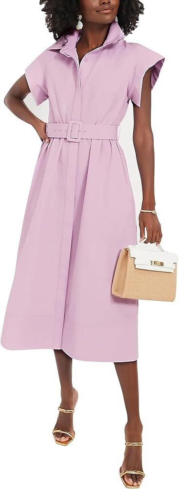 Ladyful Women Casual Button Down Shirt Dress Short Wing Sleeve Buiness Midi Shirt Dress with Belt... | Amazon (US)