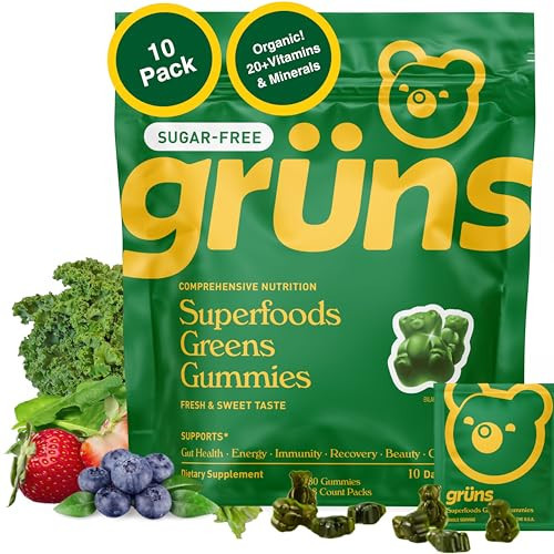 Gruns Sugar-Free Super Greens Gummies, Multivitamin Superfood Gummy Bears, Spirulina, Chlorella, Prebiotics & Fiber gummies for Digestive Health, Adaptogens Supplement, 20 Vitamins & Minerals, 10 pack | Amazon (US)