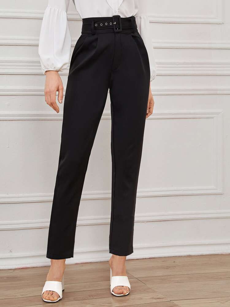 Solid Eyelet Buckle Belted Tailored Pants | SHEIN