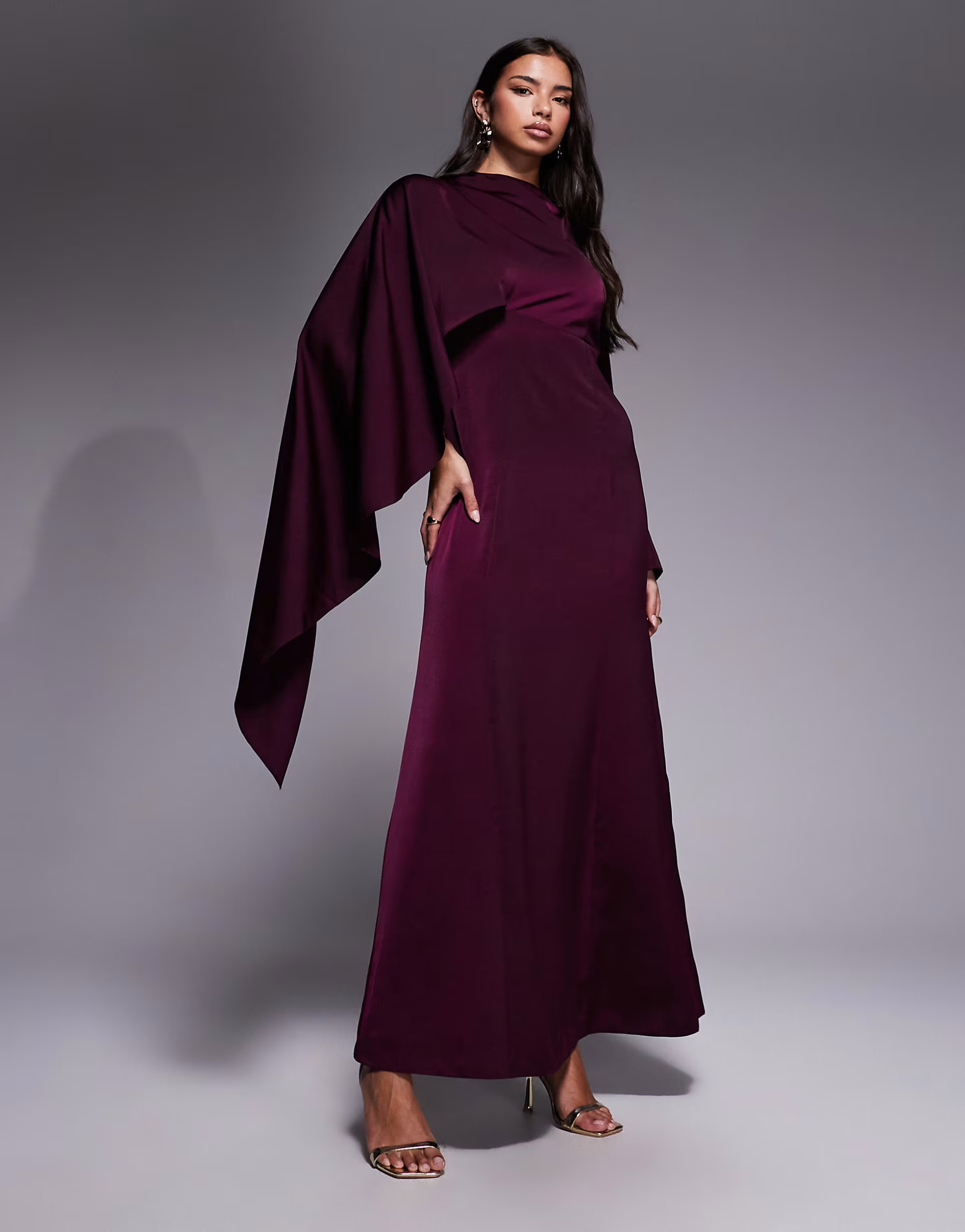 ASOS DESIGN asymmetric cape detail long sleeve maxi dress in plum | ASOS (Global)