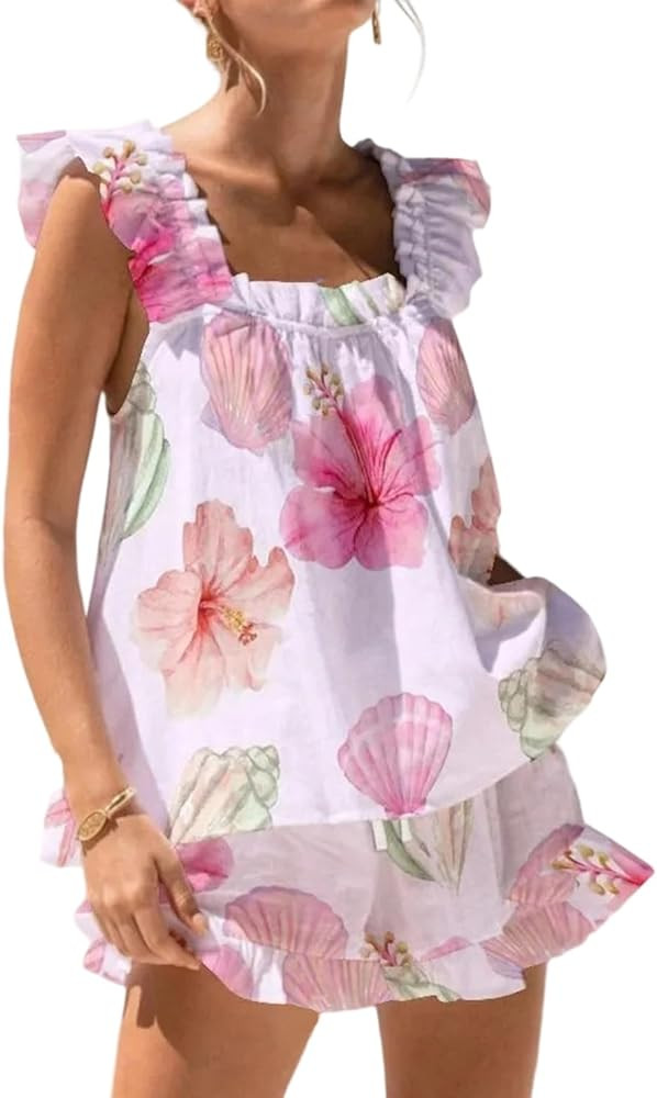 LILTWIST Women‘s Floral Print Pajamas Set 2 Piece Ruffle Cute Tank Top Shorts Lounge Set Soft S... | Amazon (US)