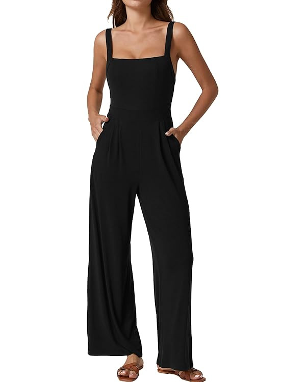 QINSEN Womens Casual Loose Overalls Jumpsuit Square Neck One Piece Sleeveless Wide Leg Rompers Ou... | Amazon (US)