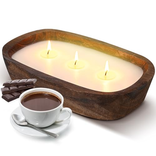 Threlaco 1 Pack 10 oz Wood Dough Bowl Candles Home Rustic Dough Bowl Soy Candle 3 Wick Scented Candles Gifts for Men Women Farmhouse Table Centerpiece Home Decor for Christmas(Hot Cocoa) | Amazon (US)