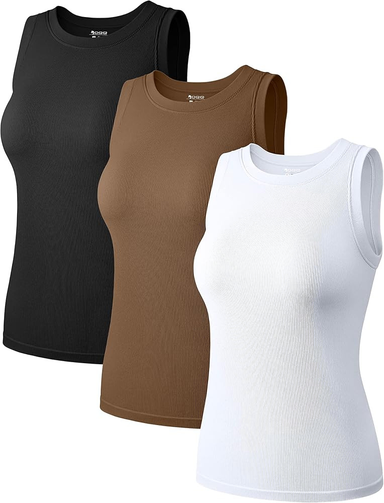 OQQ Women's 3 Piece Sleeveless Tops Crew Neck Stretch Fitted Layer Tee Shirts Tank Tops | Amazon (US)