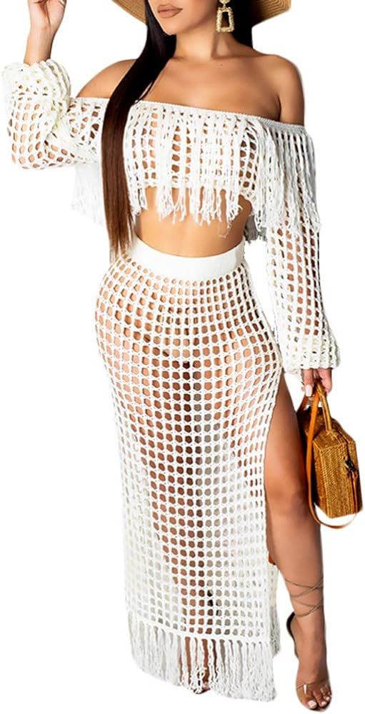 ECHOINE Women Two Piece Skirt Set Tassel Hollow Out Off Shoulder High Split Cover Up Bikini Beach Dr | Amazon (US)