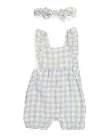 Infant Girl Gingham Gauze Romper And Headband | TJ Maxx