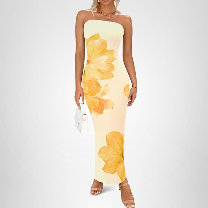 PRETTYGARDEN Women Summer Strapless Maxi Dress Bodycon Floral Sexy Long Wedding Guest Dress Forma... | Amazon (US)