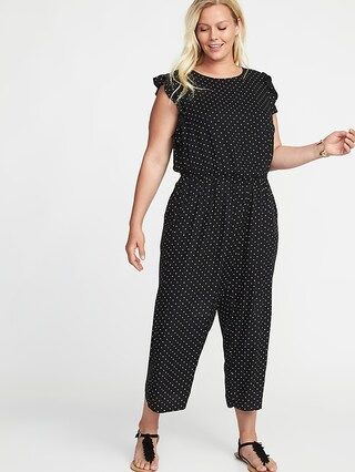 Old Navy Womens Waist-Defined Plus-Size Ruffle-Trim Jumpsuit Black Dots Size 1X | Old Navy US