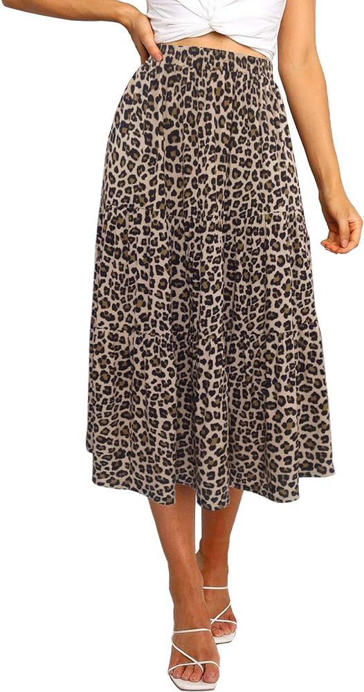 MEROKEETY Women's Boho Leopard Print Skirt Pleated A-Line Swing Midi Skirts | Amazon (US)