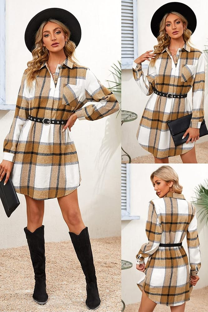 Women's Long Sleeve Dress Flannel Plaid Tunics Asymmetric Hem Casual Shirt Dress with Pockets | Amazon (US)