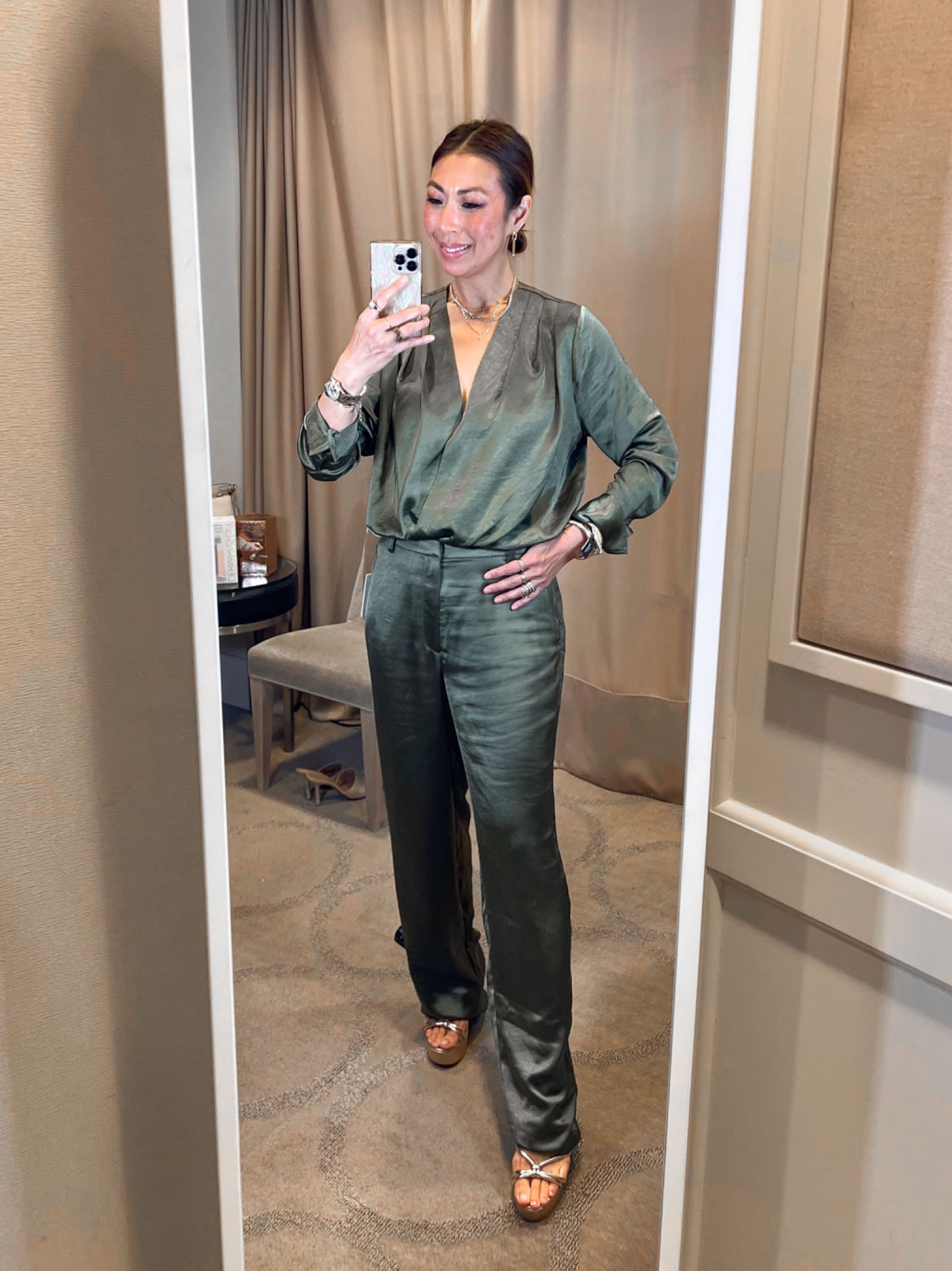 Faux wrap top bodysuit (size 1 - needed smaller) & matching satin pants (size 4- needed smaller) 💚 #styleofsam #nsale 

#LTKxNSale #LTKworkwear #LTKunder100