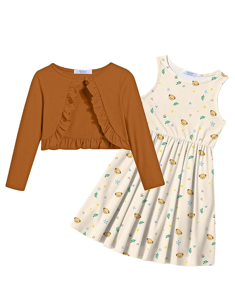Arshiner Toddler Dress and Cardigan Girl Floral Print Sleeveless Sundress and Long Sleeve Shrugs ... | Amazon (US)