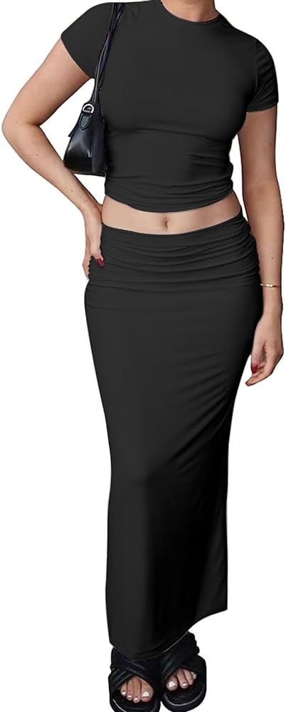 Two Piece Skirt Set for Women 2 PC Y2K Outfits Short Sleeve Crop Tops Bodycon High Waist Long Max... | Amazon (US)