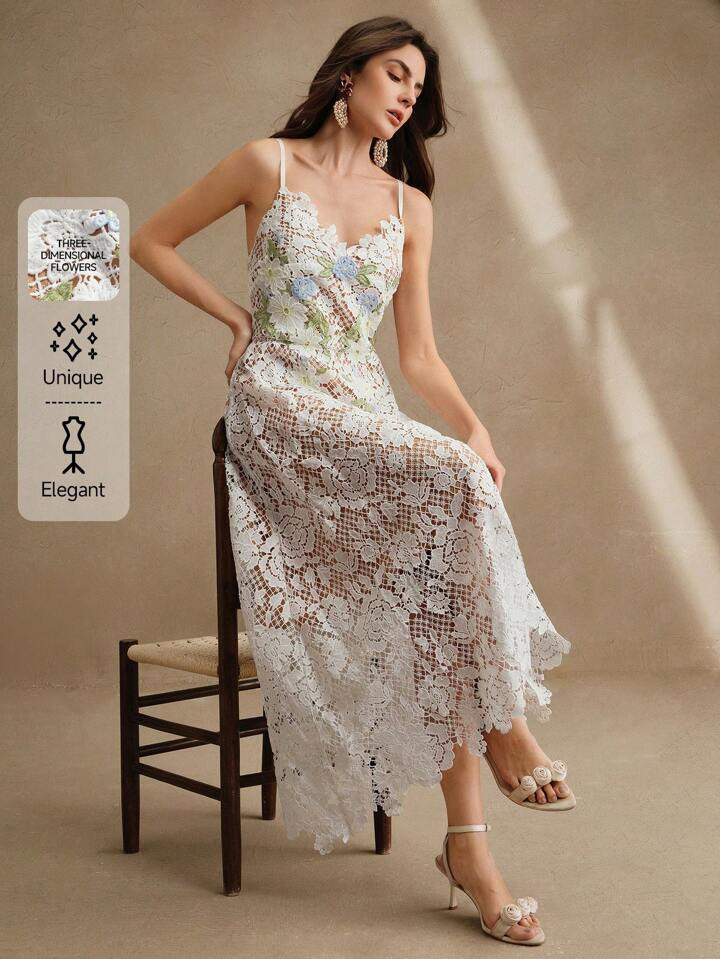 Anewsta Women Summer Elegant Vacation Holiday Beach Festival Floral Lace V Neck Midi Slip Dress | SHEIN