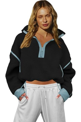 LAMISSCHE Fleece Jacket Women Oversized Half Zip Sweatshirt Warm Sherpa Pullover with Pockets(Balck&Grey Blue,XS) | Amazon (US)