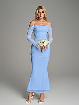 KUTUMAI Off Shoulder Long Sleeve Maxi Dress Corset Bodycon Ruched Cocktail Formal Wedding Guest D... | Amazon (US)