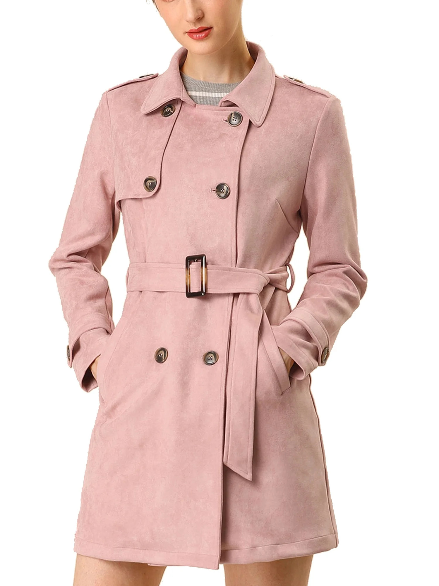 Unique Bargains Women's Faux Suede Double Breasted Trench Coat Jacket with Belt - Walmart.com | Walmart (US)