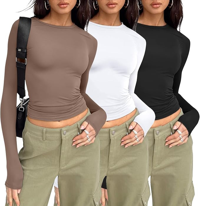 AUTOMET 3 Pack Womens Long Sleeve T Shirts Fall Fashion Basic Going Out Crop Tops Slim Fitted Win... | Amazon (US)