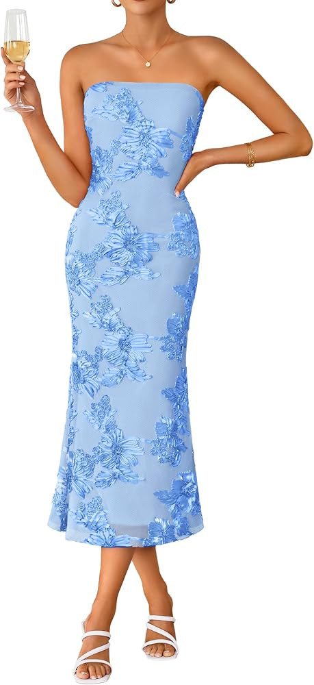 ZESICA 2026 Summer Strapless Floral Cocktail Wedding Guest Dress for Women | Amazon (US)