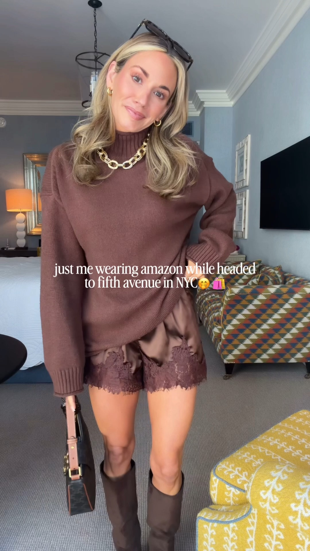 just me shopping on fifth avenue in my Amazon fit 😆 
loving the lace shorts + chunky sweater trend 🤎

#LTKNYFW #LTKootd #LTKPetite