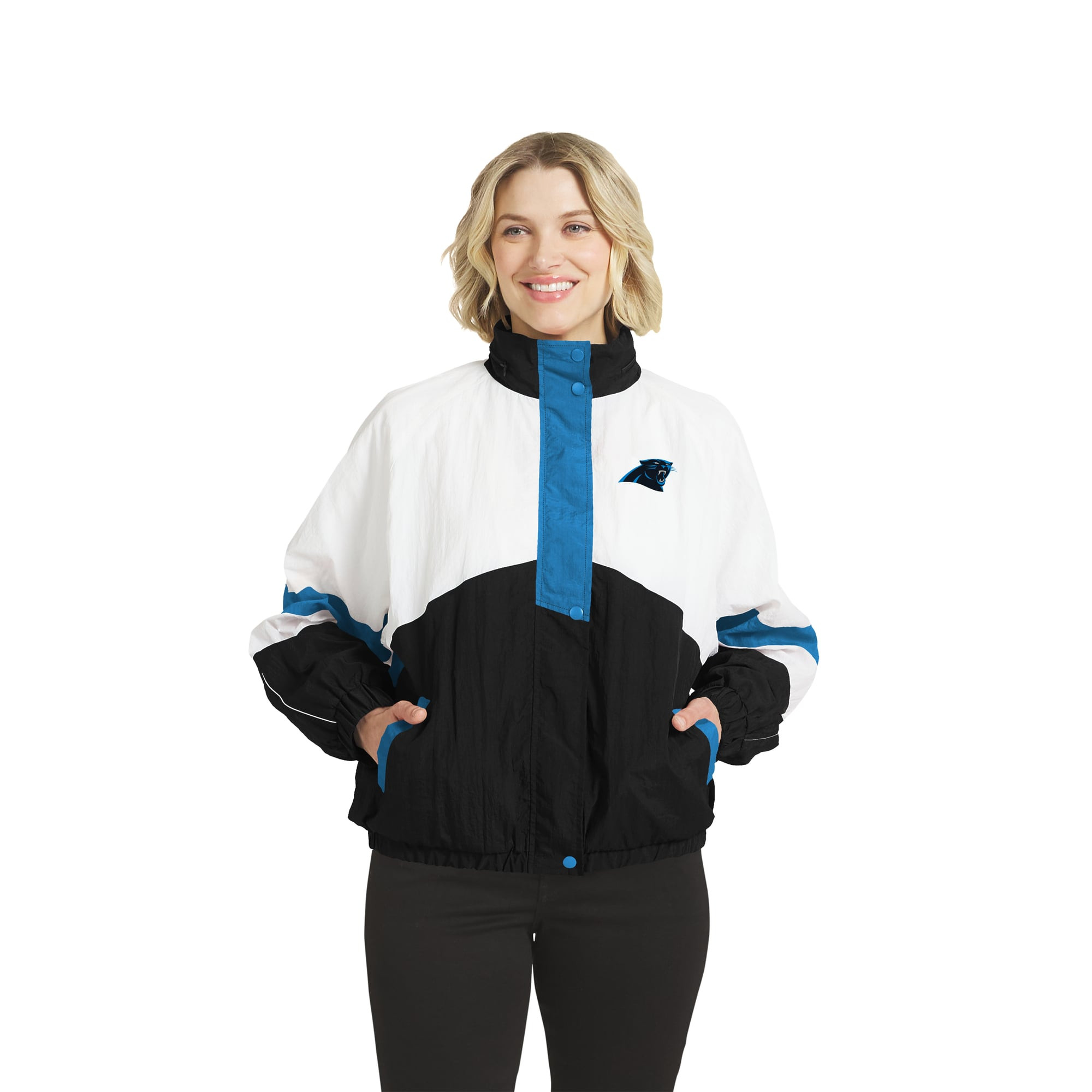 Women's Carolina Panthers  WEAR by Erin Andrews White/Black Crinkle Full-Snap Hooded Windbreaker ... | NFL Shop