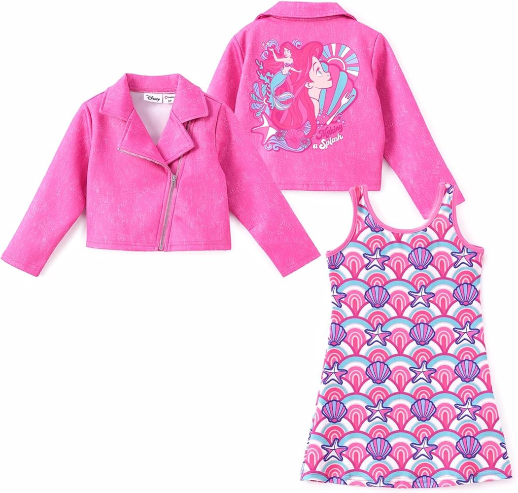 Amazon.com: Disney Princess Ariel Toddler Girl Outfit: Hot Pink Motorcycle Jacket and Sleeveless ... | Amazon (US)