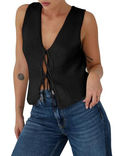 Yousify Women's Tie Front Tank Tops 2025 Summer V Neck Casual Bow tie Sweater Vests Y2K Sleeveless Ribbed Knit Tops Black | Amazon (US)