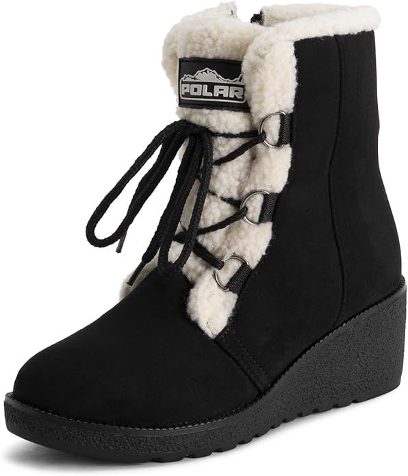 Polar Womens Low Wedge Heel Waterproof Winter Snow Durable Rubber Sole Lace Up Thermal Boots | Amazon (US)