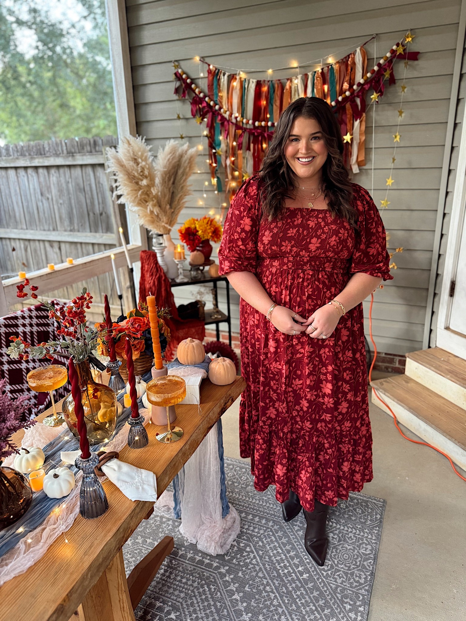 Fall solstice patio party + decor 🍁🌾✨ Floral plus size maxi dress with sleeves wearing a size 20 plus. Themed party decorations came from Michael’s up to 60% off. Florals, candlesticks, pumpkins and garland. Autumnal equinox gathering 

#LTKHome #LTKSeasonal #LTKParties