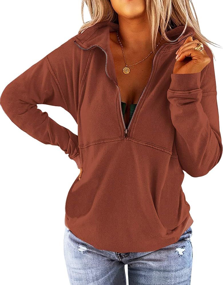 Floral Find Women's Long Sleeve Lapel Half Zip Up Sweatshirt Solid Stylish Loose Fit Casual Pullover | Amazon (US)