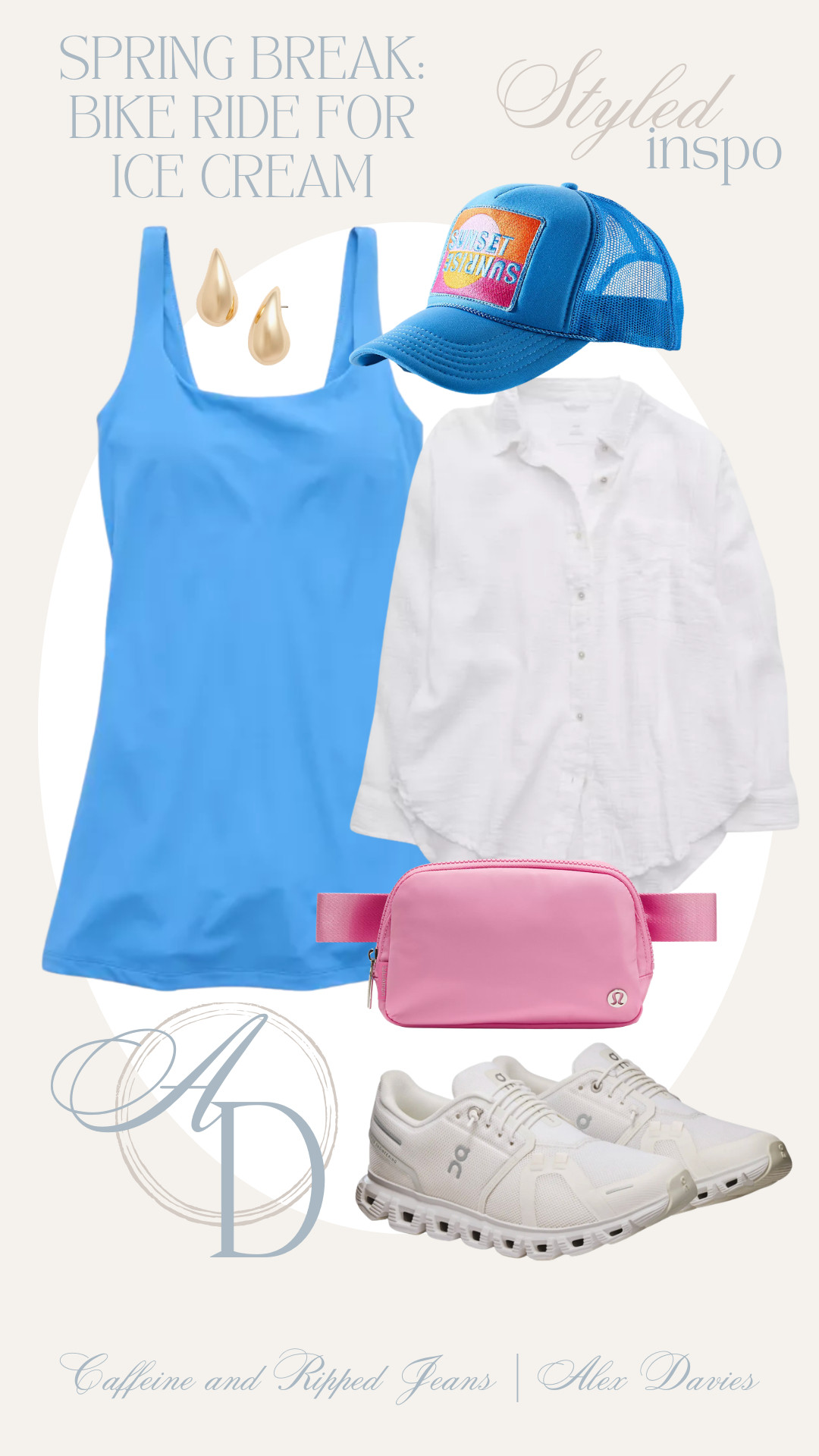 // athletic dress // spring break outfit inspo // pink belt bag // sunrise and sunset hat // cover up button down // teardrop earrings // onclouds // 

 #LTKgrwm #LTKootd #LTKTravel