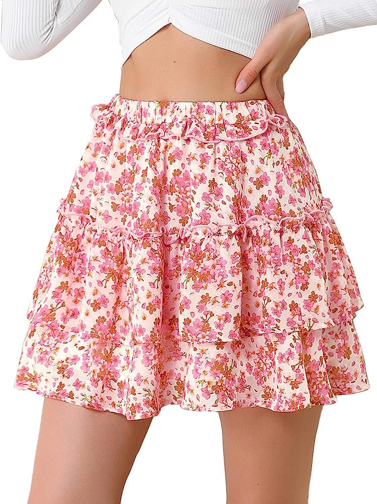 Allegra K Women's Layered Ruffle Hem Elastic Waist A-Line Skater Floral Mini Skirt | Amazon (US)