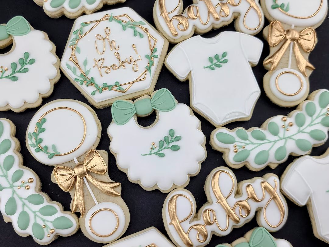 Oh Baby Shower Cookies, Sage and Gold Color Scheme 1 Dozen - Etsy | Etsy (US)