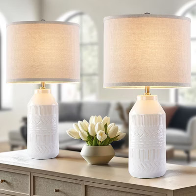 Maxax White Ceramic Table Lamp set of 2, Textured Boho Desk Lamp with Beige Fabric Shade for Bedroom, Living Room£¬3-Way 100W E26 Base | Target