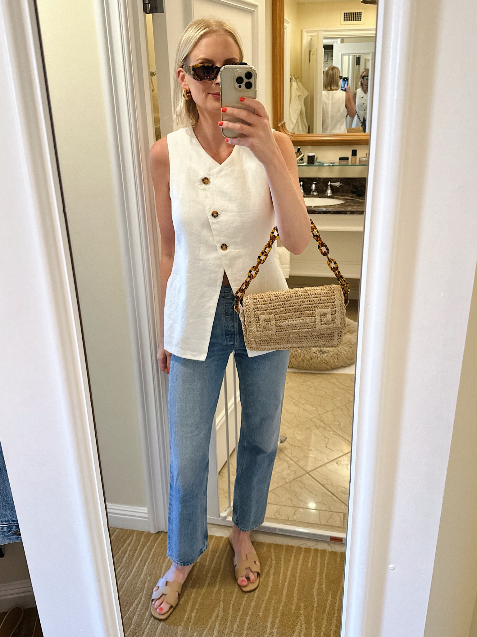 Today’s outfit! Wearing a small in the vest and took my usual size in the jeans. Sandals are Hermes! 

#LTKFindsUnder50 #LTKItBag #LTKSaleAlert