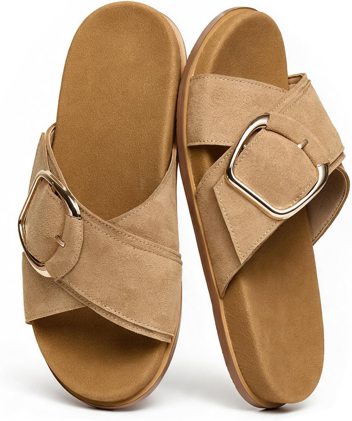 Flat Sandals for Women Cross Buckle Straps Slides Slip-On Comfortable Summer Vacation Beach Sandals | Amazon (US)