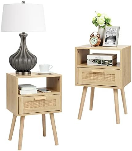 Finnhomy Nightstands Set of 2, End Table, Nightstand, Side Table with Hand Made Rattan Decorated ... | Amazon (US)