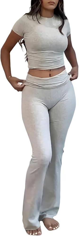 Women's 2 Piece Lounge Outfits Slim Short Sleeve Tops Low Rise Flare Leggings Sets Yoga Sweatsuit | Amazon (US)