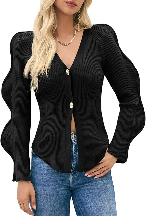 Saodimallsu Womens Button Up Cardigans V Neck Ribbed Knit Fitted Sweaters Long Sleeve Trendy Spli... | Amazon (US)
