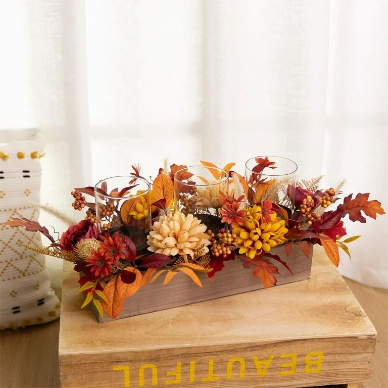 Mainstays 18" Wide Fall Floral and Leaf Pillar Centerpiece Candle Holder | Walmart (US)