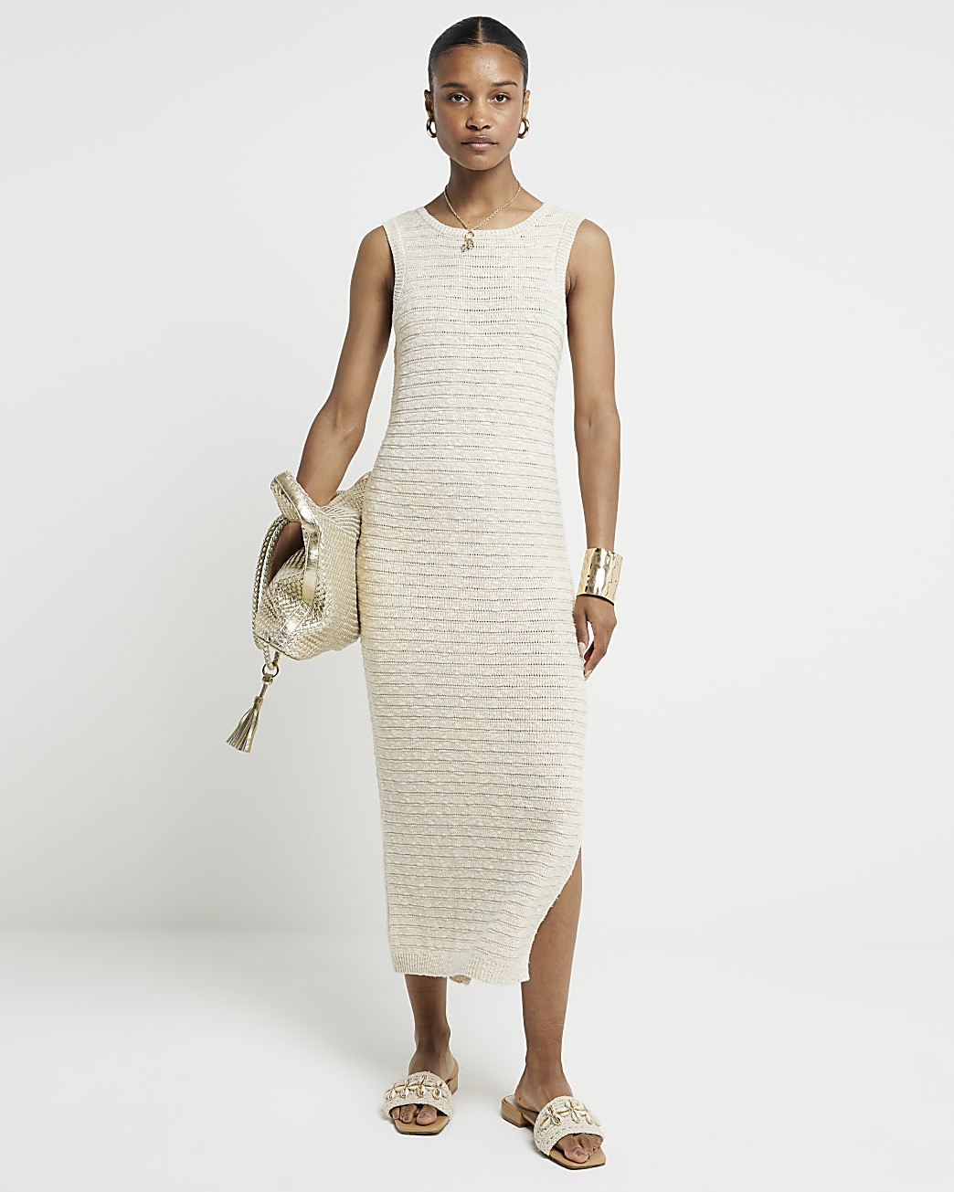 Gold crochet metallic bodycon midi dress | River Island (UK & IE)