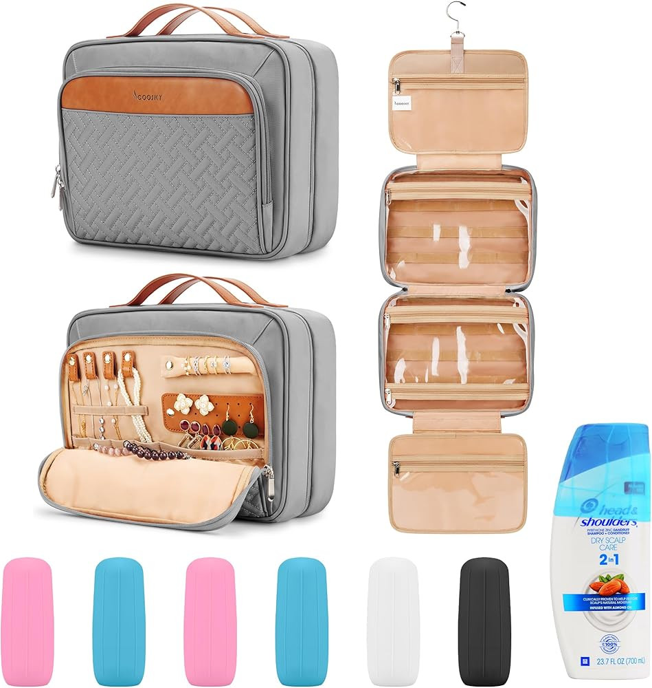Travel Hanging Toiletry Bag for Women, Large Makeup Bag 8 Leak Proofing Silicone Bottle Covers, W... | Amazon (US)