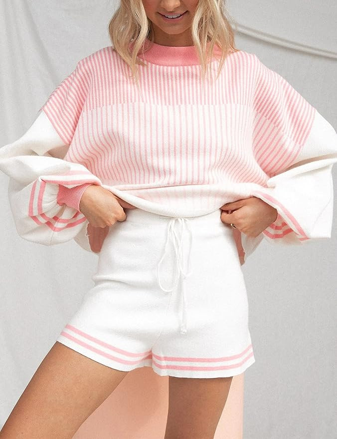 Gihuo Women' s Striped 2 Piece Outfits Crewneck Knit Pullover Sweater Shorts Set | Amazon (US)
